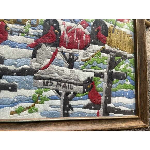 Framed Vtg Crewel Embroidery COUNTRY FARMHOUSE WINTER Red Cardinals Bird Mailbox - Picture 3 of 9